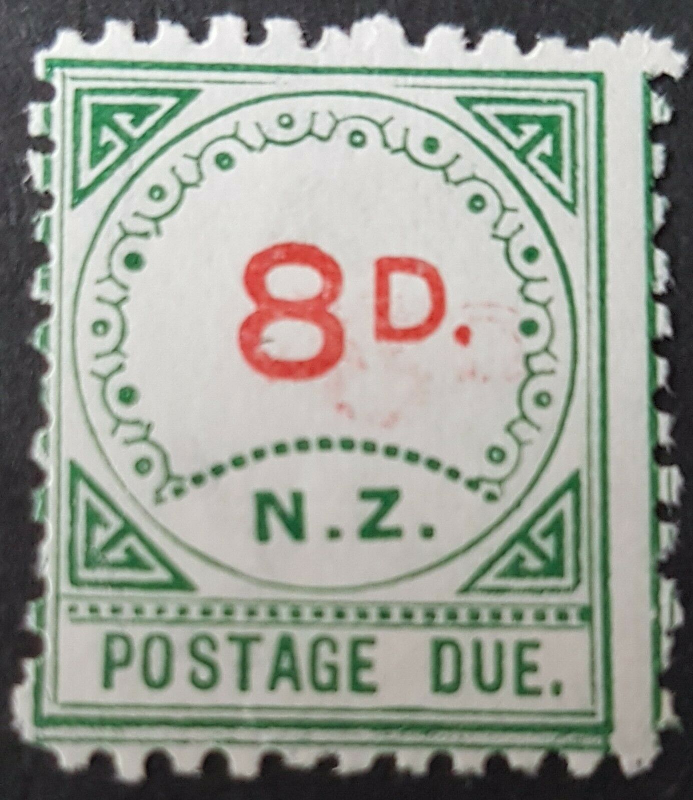 NZ 8d postage due Double Carmine on front + reverse offset Error. SG D2a Unique