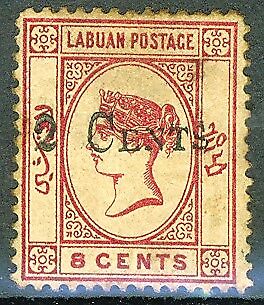 Labuan Malayan States SG 23a 2c on 8c red variety No dot at lower left. Mint
