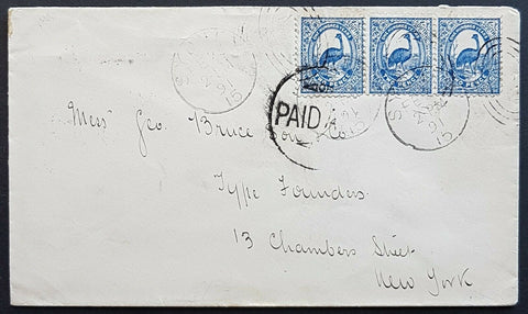 NSW - USA 2d Emu bird strip of 3 on cover from Sydney Fe 23-1891 "Paid All"