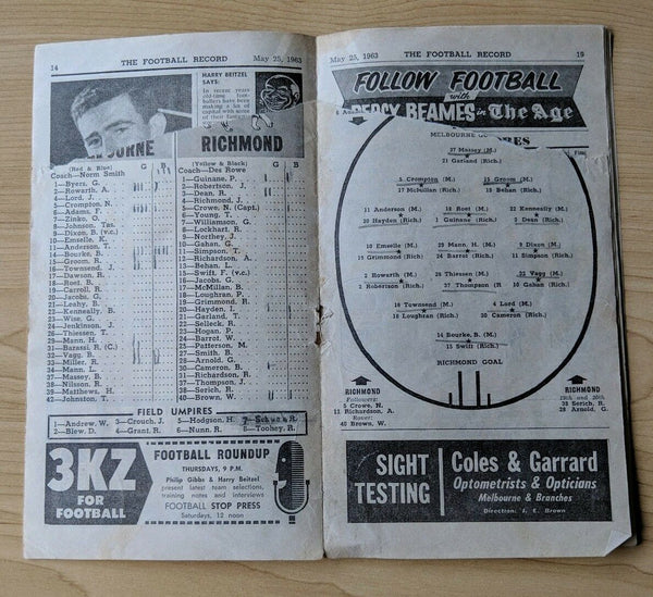 VFL 1963 Round 7 Football Record Melbourne v Richmond Ripped middle page