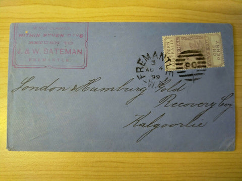 WA 1899 Fremantle - Kalgoorlie, 1d Postal Fiscal Swan birds commercial cover VF