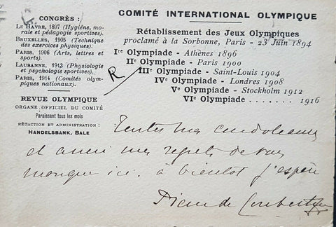 Sweden - France Official Olympic Committee postcard from Pierre deCoubertin 1912