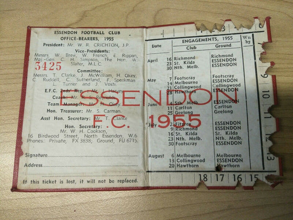 VFL 1955 Essendon Football Club Membership Season Ticket No. 3425