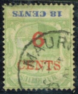 Mauritius 6 on 18c Queen Victoria Arms ship Surcharge inverted error SG134a used