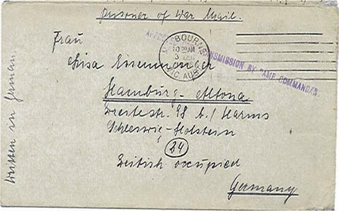 Australia to British occupied Germany WW2 POW censor mail in post free envelope.