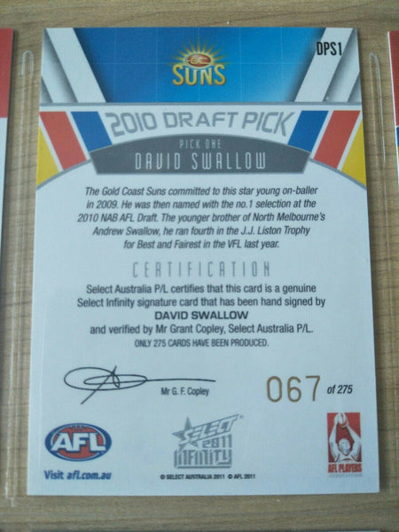2011 Select Infinity Draft Pick Signature Card David Swallow Gold Coast