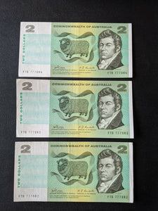 R83 $2 Commonwealth Of Australia Consecutive Run Of 3 Banknotes EF