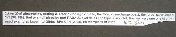 2d GRI on 20pf German New Guinea SG 19h Error surcharge double used, unique