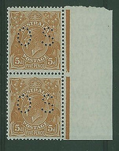 Australia SG O110 KGV 5d orange-brown perforated OS marginal pair. MUH Stamps