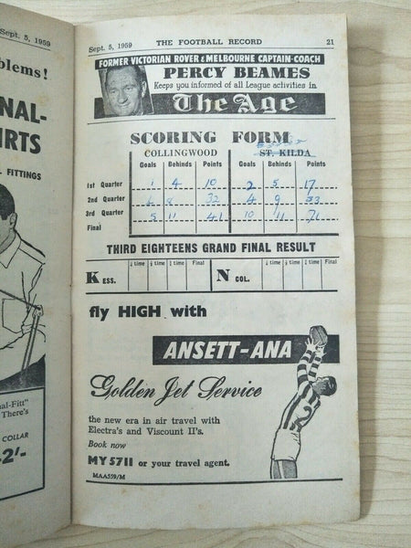 VFL 1959 1st Semi Final Football Record Collingwood v Essendon