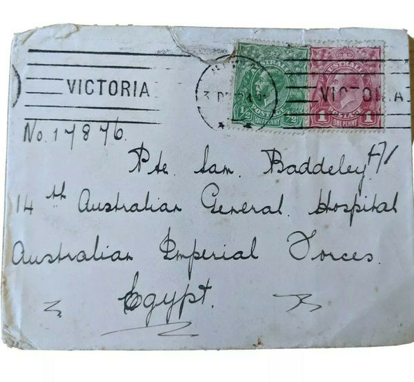 Australia WWI Military Mail ½d Green, 1d red KGV to Aust General Hospital Egypt