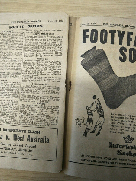 VFL 1959 June 13th Football Record Fitzroy v Collingwood