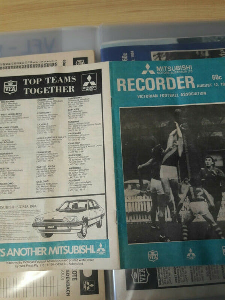 Football 1984 VFA Victorian Football Association Record Magazine, August 12 Berwick v Brunswick