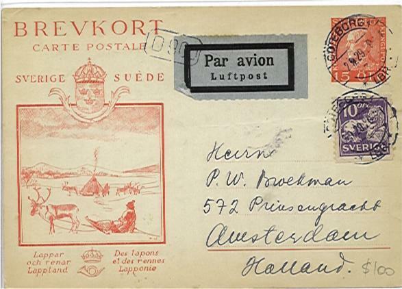 Sweden - Holland Netherlands1929 15 ore Reindeer prestamped Post card Airmail
