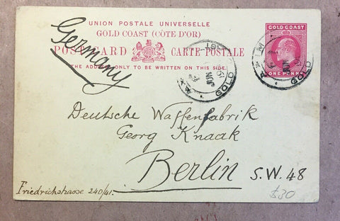 Gold Coast 1909 King Edward V11 1d Postal Stationery Postcard Axim to Berlin