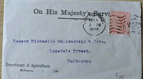 Victoria Australian States 1906 OHMS Dept of Agriculture with 1d Stamp Perfin 0S