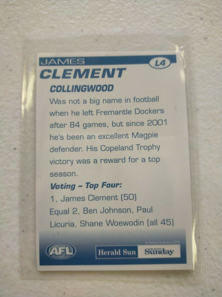 2005 Herald Sun 2D Best & Fairest Card James Clement Collingwood