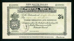 Australia NSW 3/6 Postal Note banknote postal stationery used Royal Exchange1947