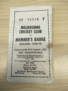 VFL 1978-79 Season MCC Melbourne Cricket Club Members Badge No. 12514 in Original Packaging
