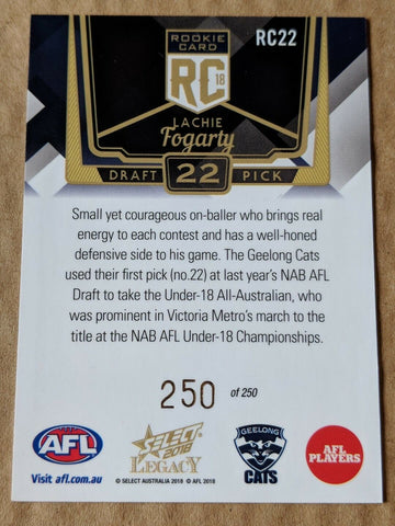 2018 AFL SELECT LEGACY ROOKIE CARD DRAFT PICK 22 LACHIE FOGARTY 250/250