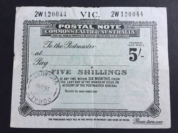 Australia Victoria 5/- Postal Note banknote postal stationery unused