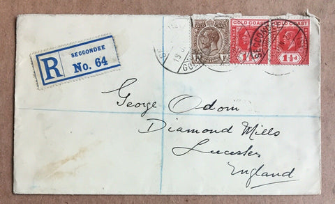 Gold Coast 1925 King George V Registered  Cover Seccondee to England