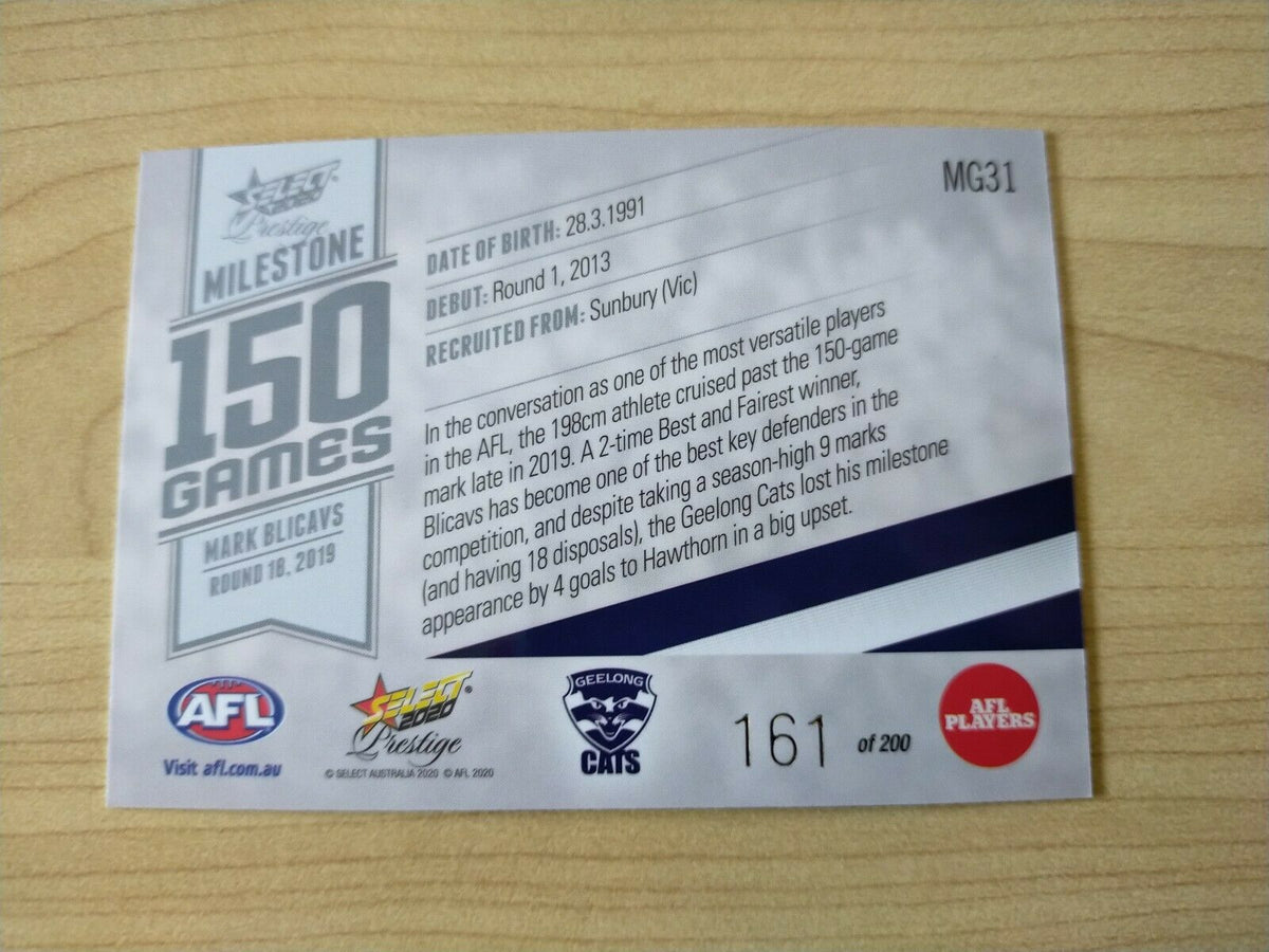 2020 Select Prestige Milestones Mark Blicavs Geelong No. 161/200