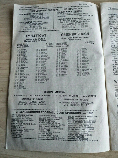Football 1980 7th June Diamond Valley Football League Football Record Vol. 24, No. 9