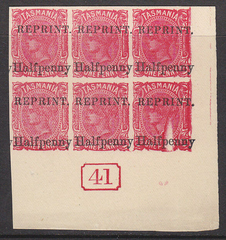 Tasmania SG 167 ½d on 1d optd REPRINT imperf block of 6 with wedge error