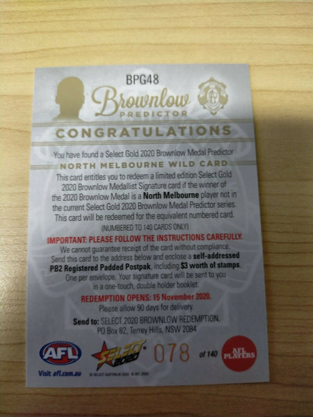 2020 Select Footy Stars Brownlow Predictor Wild Card North Melb No. 078/140