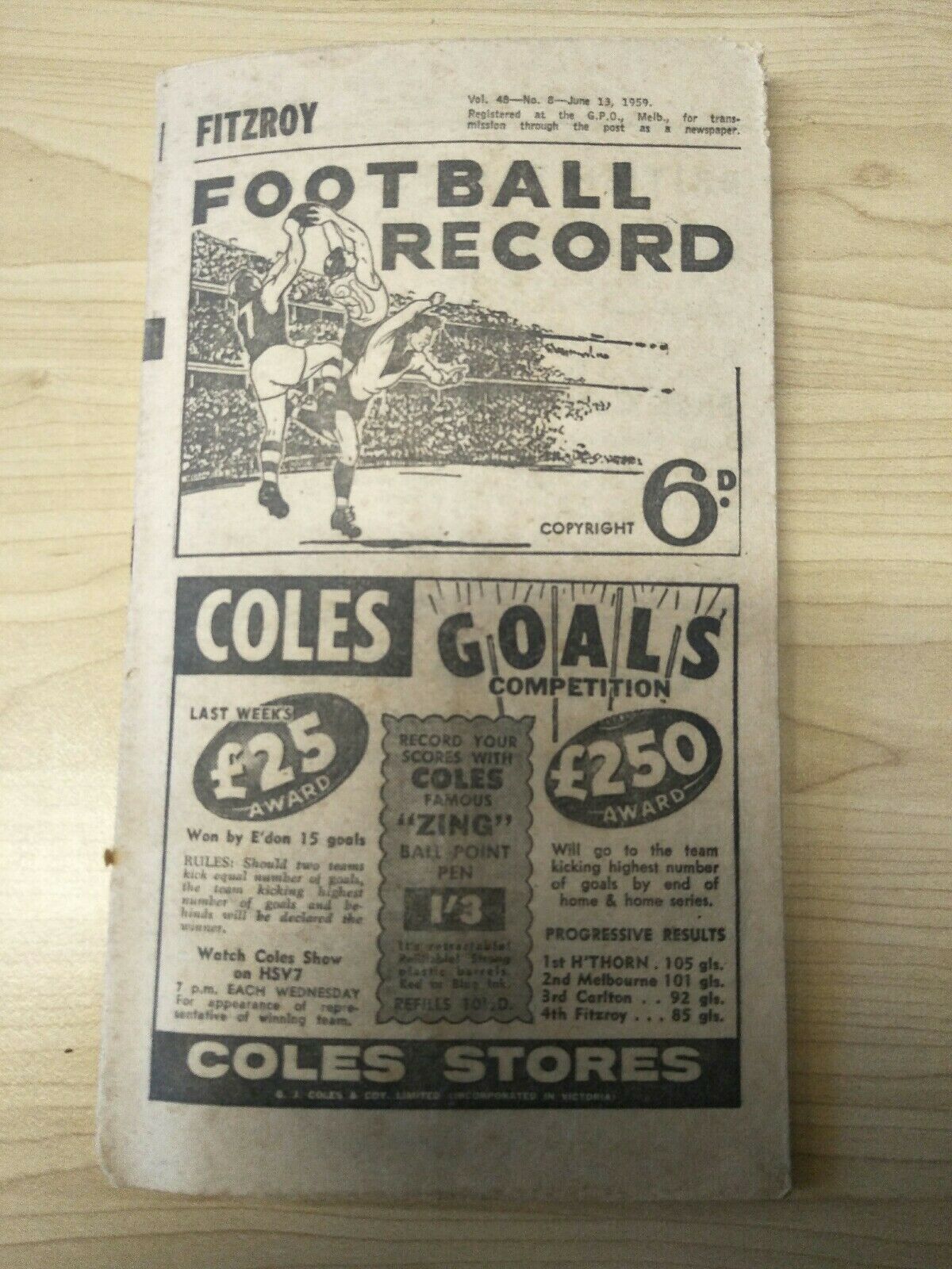 VFL 1959 June 13th Football Record Fitzroy v Collingwood