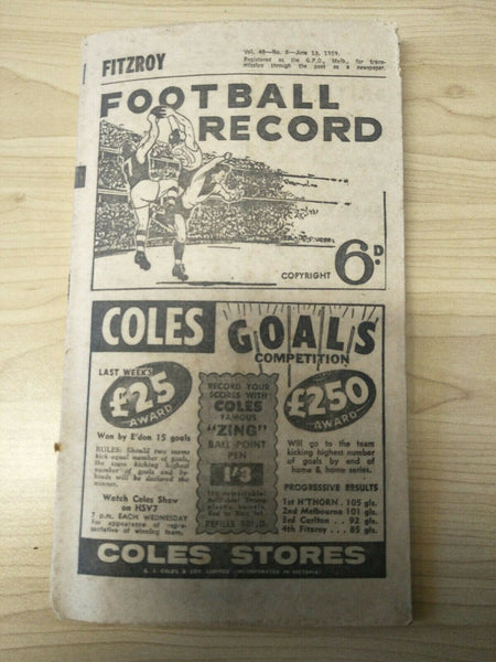 VFL 1959 June 13th Football Record Fitzroy v Collingwood