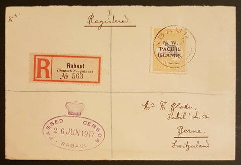 NWPI New Guinea Australia 5/- Kangaroo SG 92 registered cover Rabaul to Berne.