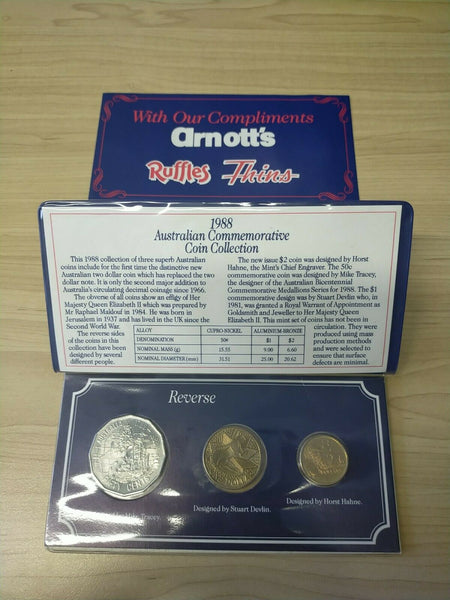 Australia 1988 Arnott's Snack Foods Commemorative Coin Collection in 3 Coin Folder.