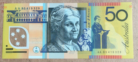 R516aF 1995 $50 Australia  Fraser Evans First Prefix AA 95 Uncirculated Banknote