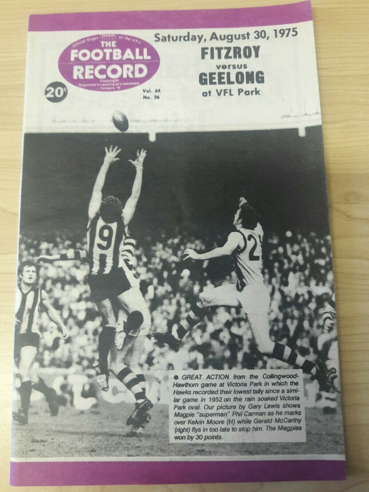 VFL 1975 Football Record August 30 Fitzroy v Geelong