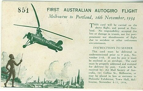 Australia Autogiro Melbourne Centenary First Flight Postcard,16-11-1934