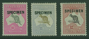 Australia SG 44/6S  10/-, £1 and £2 Kangaroo 3rd Watermark overprinted Specimen