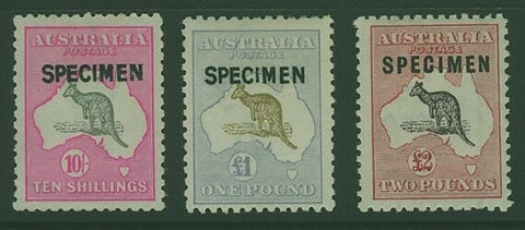 Australia SG 44/6S  10/-, £1 and £2 Kangaroo 3rd Watermark overprinted Specimen