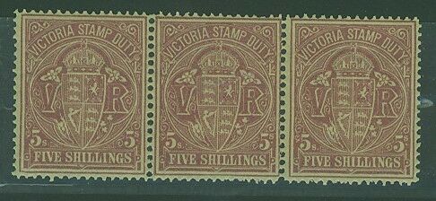 Victoria Australian States SG260d 5/- Reddish purple/lemon strip of 3 Superb MUH