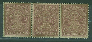 Victoria Australian States SG260d 5/- Reddish purple/lemon strip of 3 Superb MUH