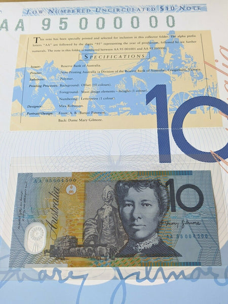 Australia 1995 Set of 3 Banknotes Deluxe Folders with matching Serial Numbers AA95004500