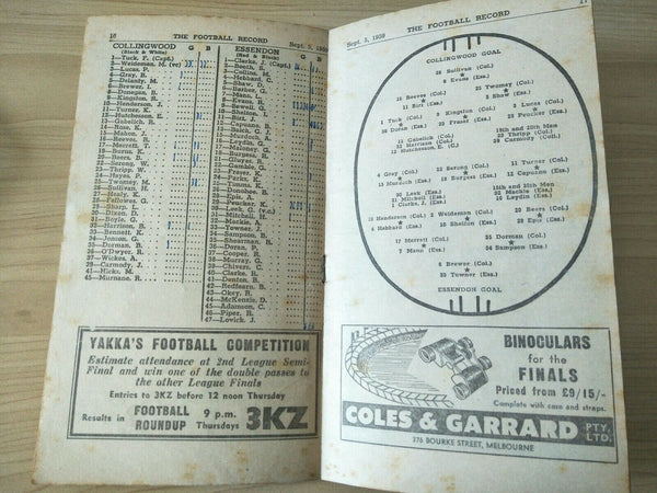 VFL 1959 1st Semi Final Football Record Collingwood v Essendon