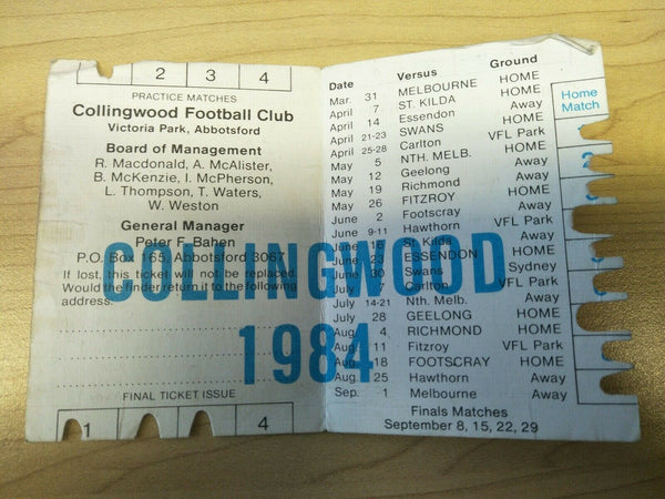 VFL 1984 Collingwood Football Club Season Ticket No. 03457