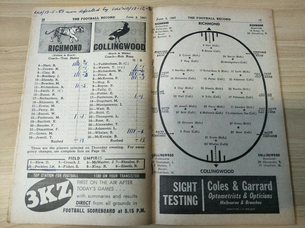 VFL 1967 June 3 Football Record Richmond v Collingwood