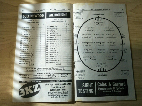 VFL 1968 June 8 Football Record Collingwood v Melbourne