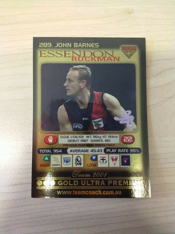 2001 Teamcoach Gold Prize Card Essendon 289 John Barnes