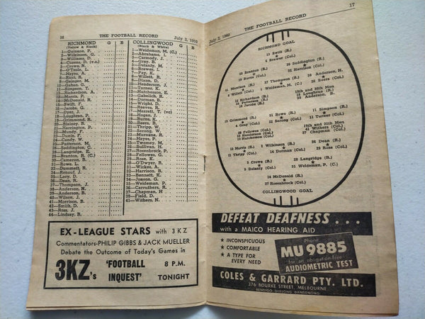 VFL 1960 July 2 Football Record Richmond v Collingwood