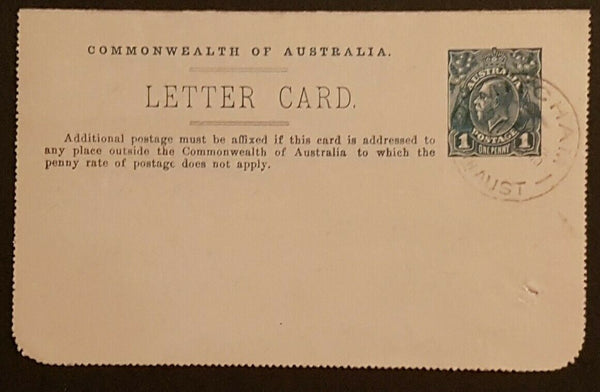Australia Letter card 1d KGV River Derwent Tas horiz fold, pinhole LC 18-110