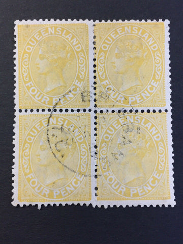 Queensland Australian States 1887 4d Yell CTO Block Of 4 SG193 Superb Condition.